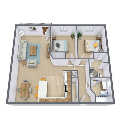 Floor plan for 2 beds, 1.8 baths, 884 sqft